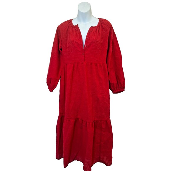 Old Navy Dresses & Skirts - Old Navy Maxi Dress Sz XS Red Peasant Seersucker Long Sleeve Tiered Empire Waist